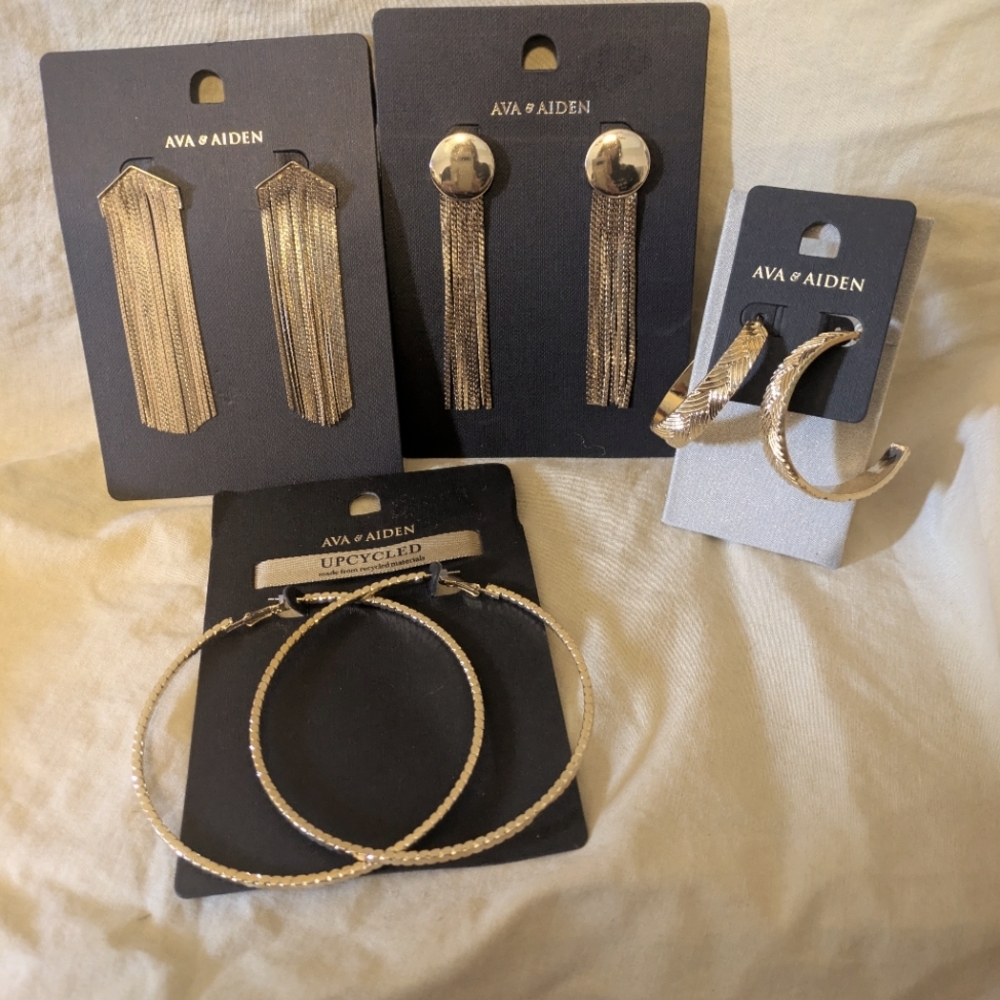 Ava & Aiden Gold Tone Earrings Lot 4 - Large, Medium Hoops, Long Dangles